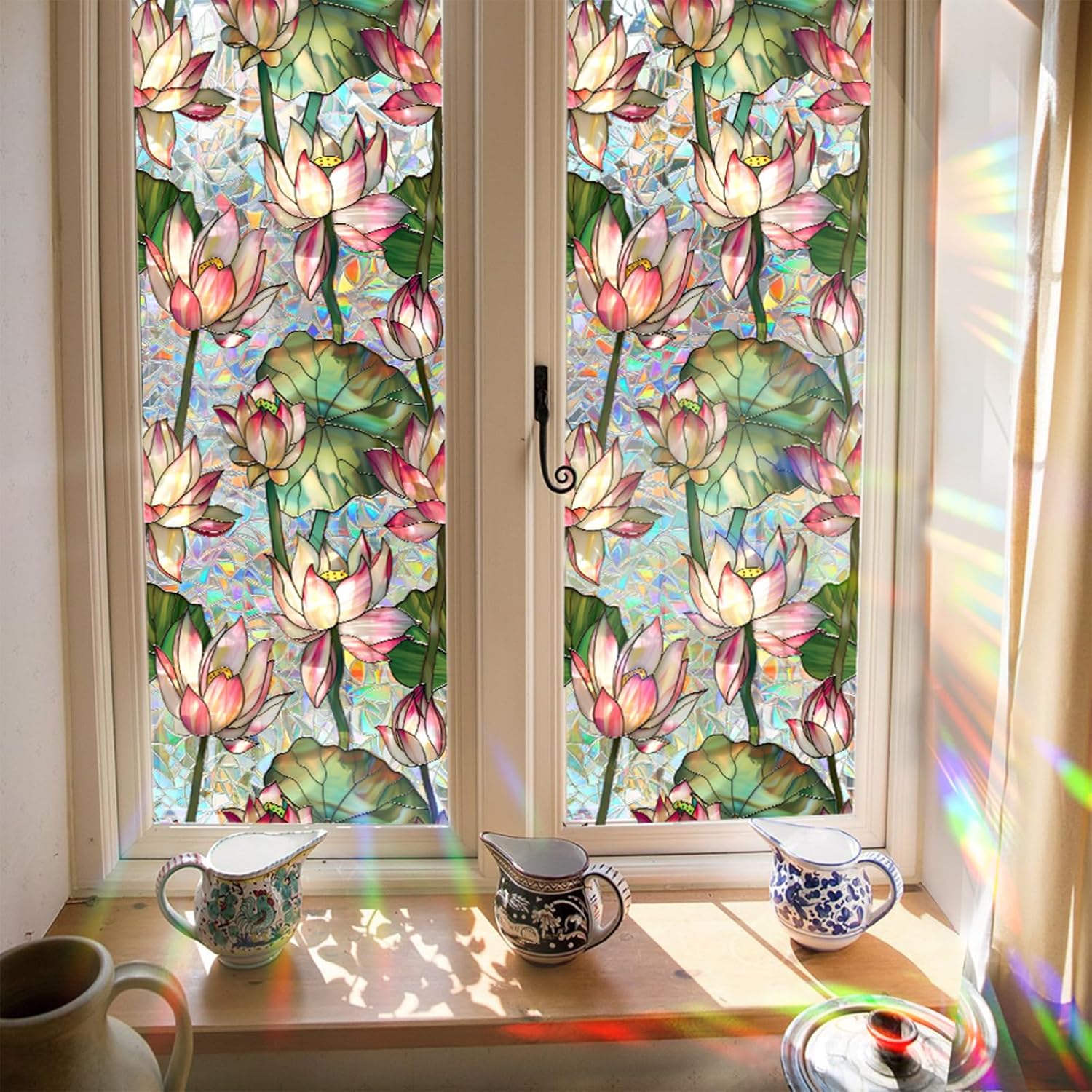 Home Bathroom Window Tint - Lotus Flowers Stained Glass Window Film,